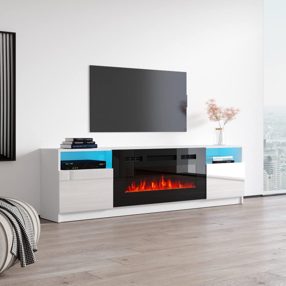 Meble Furniture York 02 TV Stand with Electric Fireplace - Modern High Gloss TV Stand with Storage Cabinets and Led Lights - Media Entertainment Center Console Table for TV Up to 90" - White