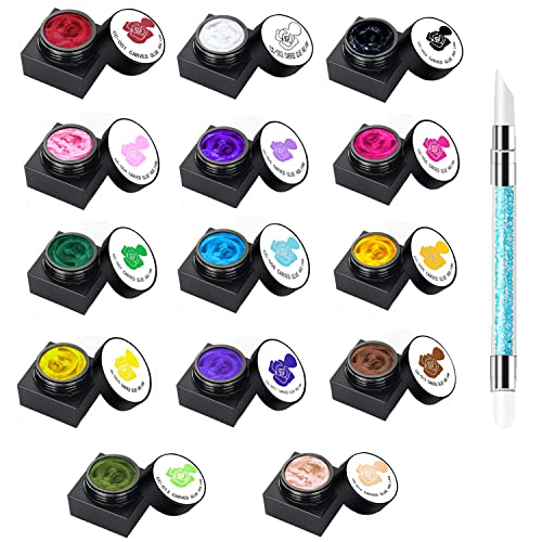 14 Colors Sculpture Painting Nail Gel Set, 3D Nail Carved Gel Sculpture Creative DIY Decoration Painting Glue Soak Off UV, with 1 Carved Painting Pen (14PCS)