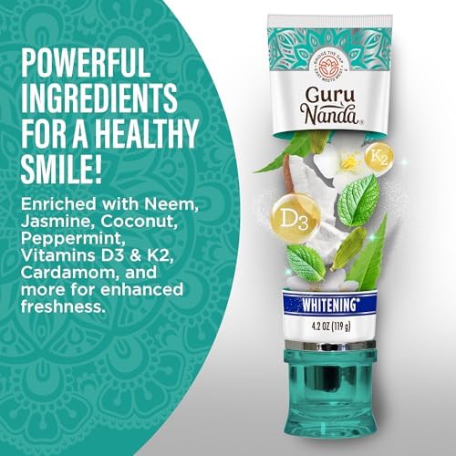 GuruNanda Hydroxyapatite Toothpaste, SLS & Fluoride Free (4 Pack), Whitening Toothpaste - Freshens Breath, Fights Plaque - with 2 Toothbrushes, 2 Tongue Scrapers & 2 Tube Squeezers