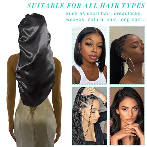 3Pcs Bonnets for Black Women Braid Bonnet, Large Long Satin Bonnet for Braids Sleeping, Black Women Satin Silk Bonnet (3Pcs-Black&Blue&Flower)