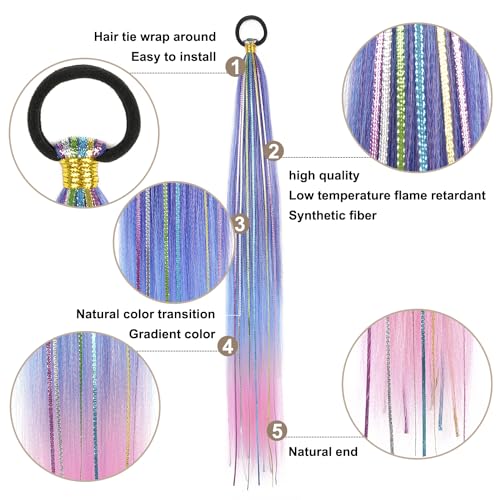 26 Inch Hair Tinsel Colored Braided Ponytail Extension 2 Pack Blue Pink Gradient Hair Extensions Ponytail with Elastic Tie Straight Sleek Wrap Around Hair Extensions for Braids