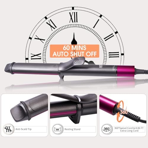 1 1/4 Inch Curling Iron, Ceramic Coated Hair Curling Wand, Rapid 430°F Heating, Temperature LED Display, 6 Temperature Settings, 60 Minutes Auto-Off