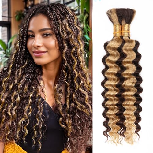 4/27 Honey Blonde Human Braiding Hair Deep Wave Bulk,Highlight No Weft Curly Hair Extensions for Boho Braids Wet and Wavy Braiding Human Hair Bundles(18inch,4/27,100g)