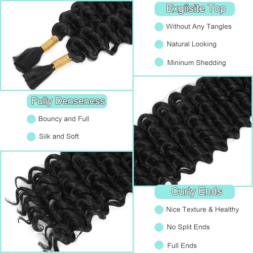 Human Braiding Hair Mix Synthetic Curly Boho Hair for Braiding, 20 Inch Boho Braids 4 Bundles 110g/Bundle Wet and Wavy Deep Wave Bulk Extensions for Black Women (1B, 20 Inch 4 Bundles)