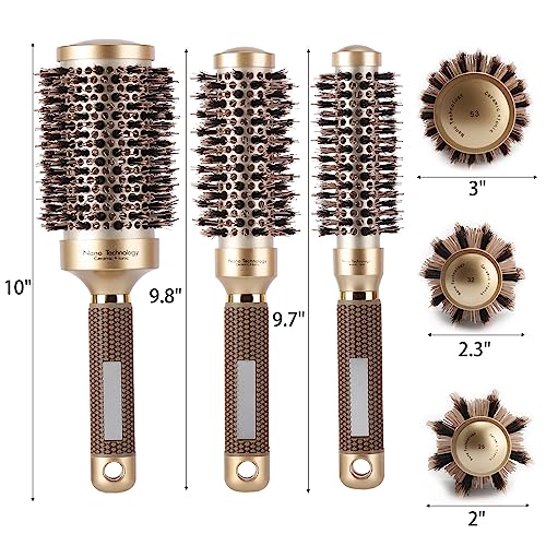 3 Pcs Boar Bristle Round Brush for Blow Drying, Nano Thermal Ceramic and Ionic Tech Hair Brush for Curling and Straightening - Large，Medium and Small Round Brushes