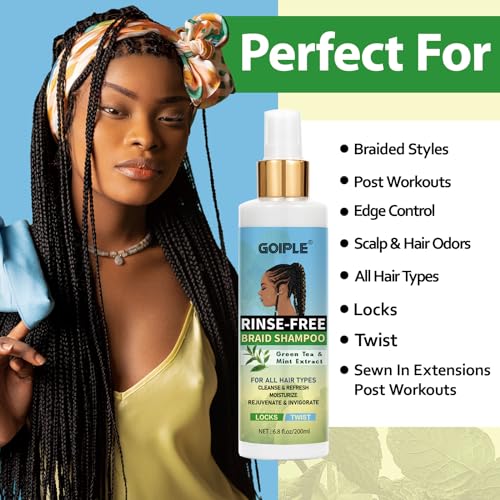 Braid Rinse-Free No Water Shampoo for Locs, Twists, Weaves - Dreadlock Shampoo to Remove BuildUp, Odor, Itch & Flakes, No Residue, Chemical-Free