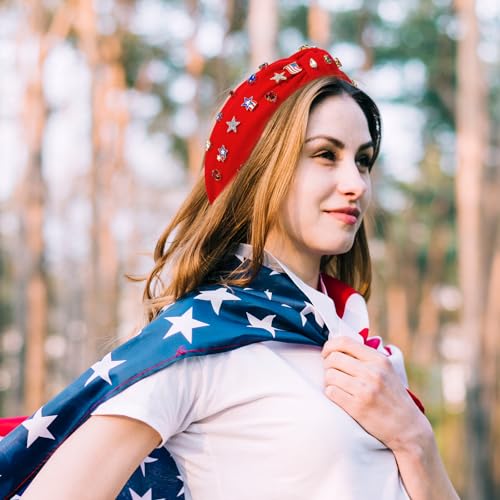 2Pcs 4th of July Headband for Women, Rhinestone Knotted Design with USA Flag Star Hair Hoop, Patriotic Independence Day Memorial Day Wide Hair Accessory with Jeweled Crystal (Red&Blue)