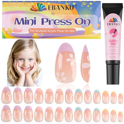 26 Pieces Press on Nails for Kids, EBANKU 1 Pack Kid Fake Nail Pink Flower Press on Nails for Girls 5-12 Years with Nail Glue