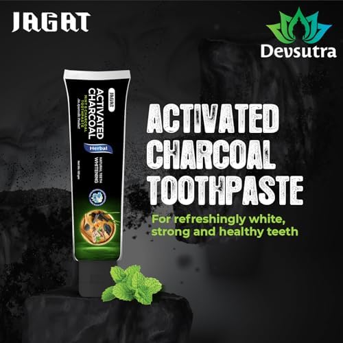 Jagat Activated Charcoal Toothpaste, Teeth Whitening Mint Flavor Toothpaste, Fluoride Free Natural, Removes Plaque, No Artificial Colors, BPA Free, Gum Cure, Vegan - Pack of 3 (4.4 OZ X 3 Tubes)