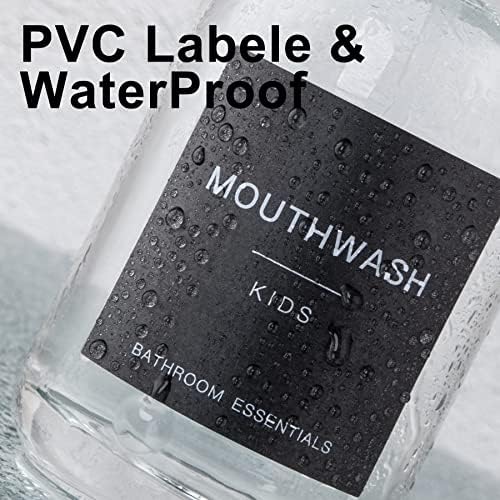 Black Glass Mouthwash Dispenser with Cups, 12.7 oz, 2 Pack - Clear Mouthwash Bottle with 304 Stainless Steel Spout & Minimalist Labels, Style Mouthwash Container for Bathroom