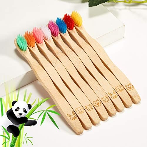 16 Pcs Kids Bamboo Toothbrush Soft Bristle Natural Toothbrush Wooden for Kids with Colorful Bristles and Ergonomic Animal Designs Handles