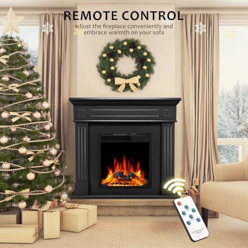 43 Inch Electric Fireplace with Mantel Wooden Surround Firebox TV Stand,FreeStanding Electric Fireplace Heater Entertainment Center,Adjustable Led Flame,750W-1500W,Black
