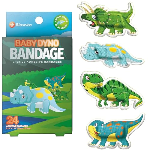 BioSwiss Bandages, Baby Dino Shaped Self Adhesive Bandage, Latex Free Sterile Wound Care, 24 Count