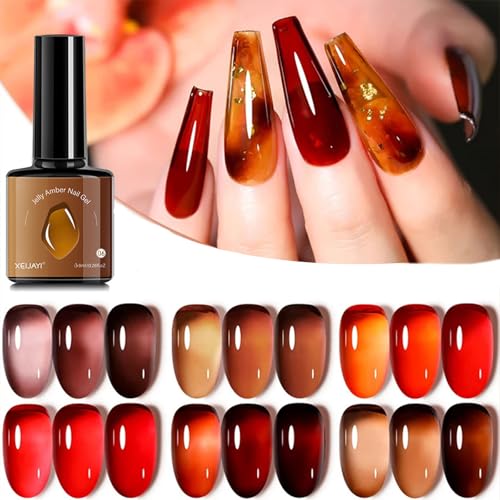 Jelly Amber Gel Polish Set - 6 Translucent Nude Gel Nail Polish, Sheer Tortoise, Red Coral, Burnt Orange, Grey, Amber, Brown - Soak Off UV LED Manicure Art Kit For DIY Home