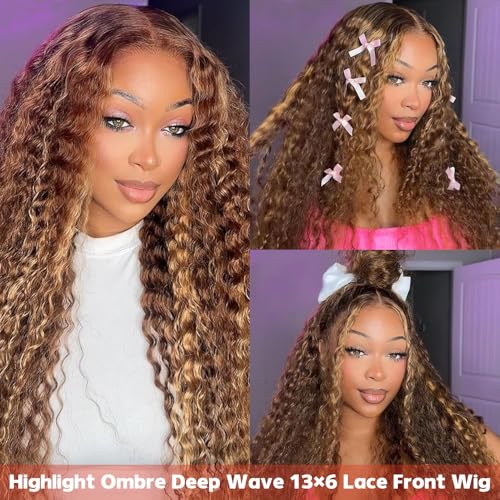 30inch Highlight Ombre Lace Front Wig Human Hair 13x6 HD Honey Blonde 4/27 Deep Wave Lace Front Wigs Human Hair 200 Density Glueless Wigs Human Hair Pre Plucked with Baby Hair