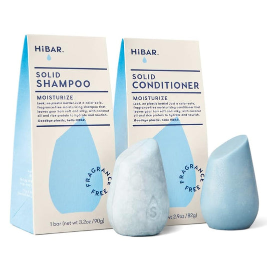HiBAR - Moisturize Fragrance-Free Shampoo & Conditioner Set - For Dry, Frizzy Hair -Nourish & Hydrate -Coconut Oil & Vitamin B5 -Plastic, Soap, Paraben & Sulfate-Free -Color Safe & Vegan -2 Solid Bars