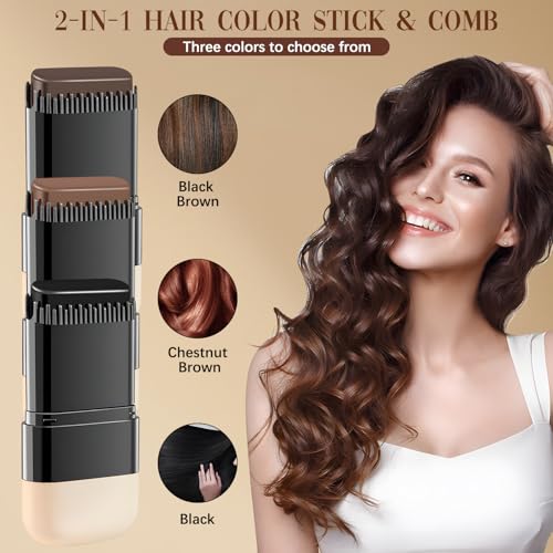 2 in 1 Hair Color Stick, Waterproof and Sweat-Proof Hair Dye Stick, Portable Color Touch-Up Hair Sticks With Comb, Cover Gray Hair Color Correction Sticks for Unisex (03# Chestnut Brown)