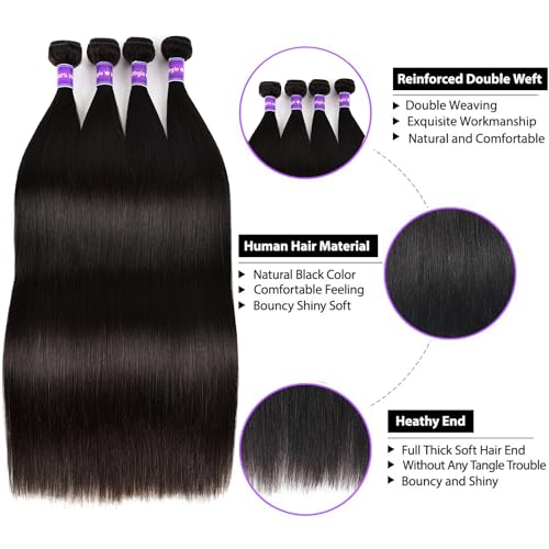 10A Human Hair Bundles Straight Hair Bundles Brazilian Straight Human Hair Bundles 18 20 22 24 Inch 100% Unprocessed Virgin Weave 4 Bundles Human Hair Raw Remy Hair Bundles Deals Natural Black