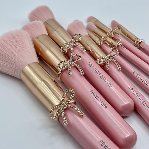 Bow Makeup Brush Set – 9-Piece - Pink bow makeup bag Coquette with Gold Bow & Storage Bag – Beginner Friendly makeup Brushes for Foundation, Contour & More
