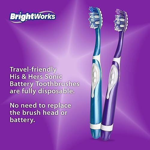 BrightWorks Sonic Battery Powered Toothbrush (2-Pack) (Blue/Purple) Soft Multi-Level Bristles for Whole Mouth, Vibrating Bristles Deep Clean, with Whitening Pads and Tongue Cleaner.