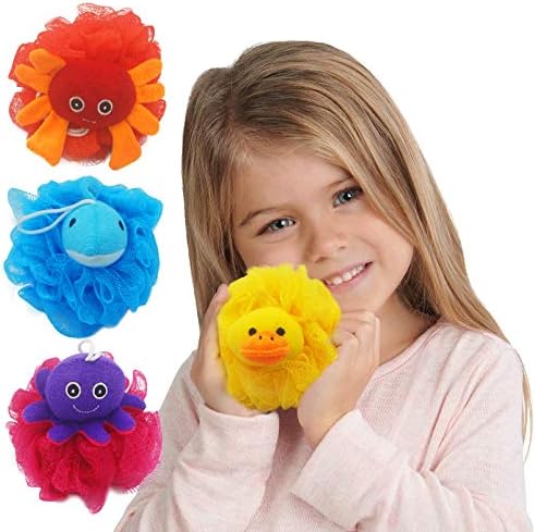 (4 Pack) Lovely Animal Design Kids Exfoliating Bath Scrubber Body Scrubber Shower Ball for Baby Toddler Kids Gentle Exfoliating Bath Sponge Loofah Pouf in Colorful Design
