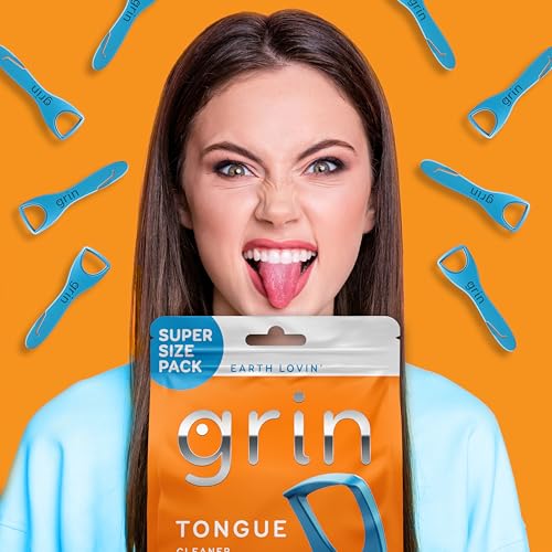 GRIN Tongue Cleaner, 48 Count, Disposable Tongue Cleaner, Hygienic Scraper, Recycled Plastic, Clean Tongue, Promote Fresh Breath, Includes Safe Fold- Back Tooth Pick (Pack of 2)