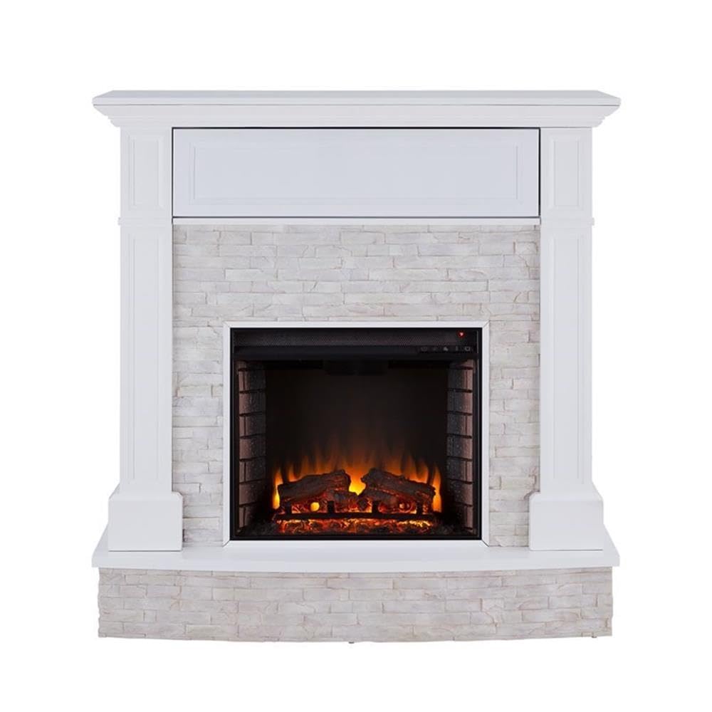 Bowery Hill Faux Stone Electric Fireplace TV Stand in White Finish