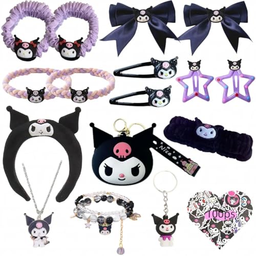 117Pcs Kawaii Cute Stuff Gifts Set Include Headband,Pouch, Hair Band, Hair Ties & Clips, Hairpin, Stickers, Necklace,Bracelet, Keychain(Black)