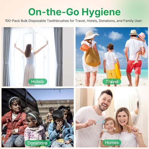100 Pack Premium Disposable Toothbrushes Bulk – Individually Wrapped Soft Bristle Toothbrushes for Travel, Hotel Guest, Donation, Kids, Adults – Single Use, Family & Emergency Hygiene