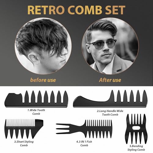 Hair Brush for Men, DUAIU 7Pcs Combs for Men, Hair Styling Comb Set with Vent Hair Brush, Quiff Round Hair Brush, Wide Tooth Comb, Texture Comb for Blow Drying, Detangling, Grooming, Hairdressing