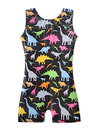 HOZIY Black Dinosaur Leotard with Shorts (5/6 Years) for Girls, Gymnastics, Dancewear, Sparkle, Stretchy, Wash