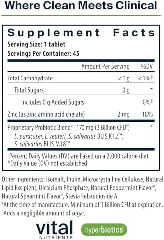 Hyperbiotics Vital Nutrients Pro Dental Probiotic | Clinically Studied BLIS K12 and M18 | Oral Probiotics for Bad Breath Treatment for Adults | Oral Health for Teeth and Gums | 45 Mint Tablets