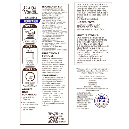 GuruNanda Teeth Whitening Dual Barrel Oxyburst Mouthwash - Alcohol & Fluoride Free, Hydrogen Peroxide to Promote Whiter Teeth - Wild Mint - 3x20 Fl Oz