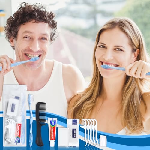 100 Sets Personal Hygiene Kit Basic Toiletry Kits Homeless Supplies Bulk for Women,Men,Travel,Charity,Business Include 100 Toothbrush,100 Toothpaste,100 Comb,100 Bath Soap,500 Floss Pick