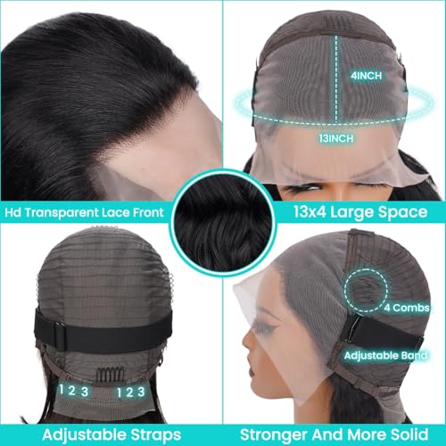 13x4 Body Wave Lace Front Wigs Human Hair Pre Plucked HD Transparent Lace Frontal Wig with Baby Hair 180% Density 9A Glueless Brazilian Virgin Human Hair Lace Front Wigs for Women Natural Black 22Inch