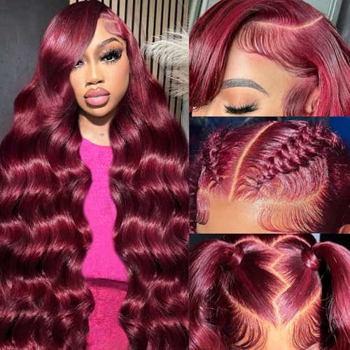 28 Inch 99J Burgundy Lace Front Wigs Human Hair 13x6 HD Transparent Body Wave Lace Front Wigs Human Hair Pre Plucked 99j Burgundy Red Wine Glueless Human Hair Wigs for Women