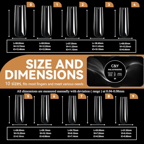 250pcs Sculpted XXlong Square Soft Gel Nail Tips, Professional False Nail Tips with Box - 10 Sizes Full Cover Clear Acrylic Press On Fake Nails for Extension Manicure Salon DIY at Home