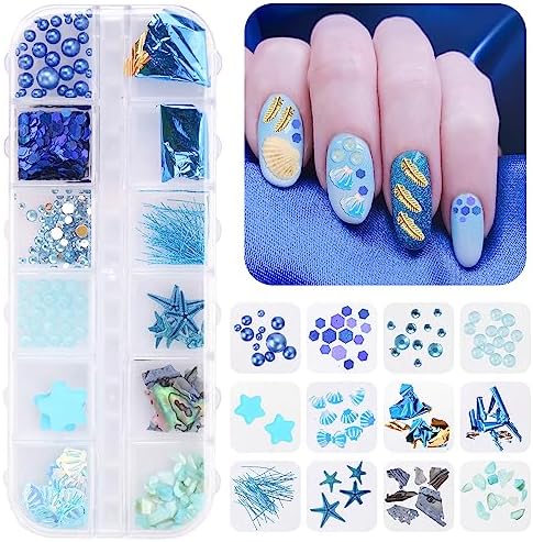 3 Boxes 3D Mixed Ocean Theme Nail Art Rhinestones Accessories Summer Beach Shell Starfish Conch Sea Series Sequin Nail Art Charms with Tweezers for DIY Nail Art Designs Manicure Decoration