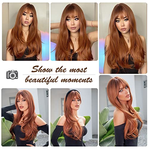 HAIRCUBE Long Auburn Wig with Bangs Layered Curly Orange Wigs for Women Natural Synthetic Wigs for Daily Use (pelucas de cabello natural)