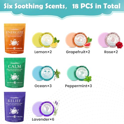 18 Pack Shower Steamers with 6 Smoothing Long-Lasting Scents, Shower Bath Bombs with Natural Fragrance, Self-Care and Relaxation Presents for Women and Men