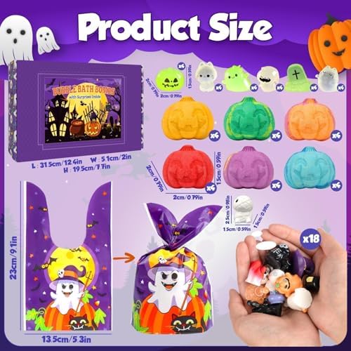 24pcs Halloween Bath Bombs with Toys Inside for Kids Pumpkin Bubble Bath Bombs for Halloween Treats Party Favors with 12pcs Treat Bags