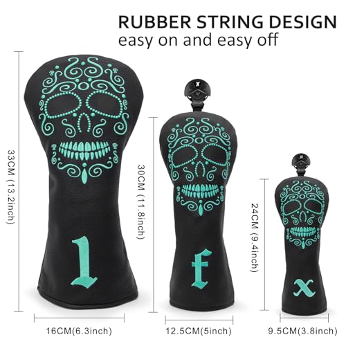 Black Golf Club Covers Skull Embroidery Driver Headcover Fairway 3 Wood Headcover Hybrid Headcover for Your Selection fits for All Brands (for driver(1pc))