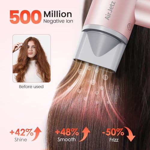 Hair Dryer, 160,000 RPM High-Speed Ionic Blow Dryer for Fast Drying, Professional Lightweight Hairdryer with Diffuser, Magnetic Nozzle, 4 Temps & 2 Speeds, Low Noise for Travel & Home - Pink