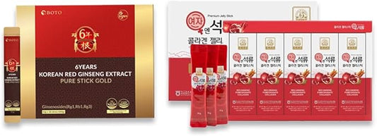 BOTO & Baekje Geumsan Daily Wellness Set – 30 Red Ginseng + 30 Collagen Jelly Sticks for Energy & Skin