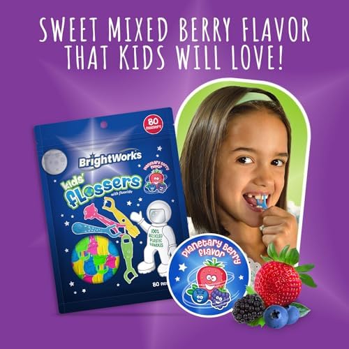 BrightWorks Kids Fun Space Flossers, Mixed Berry Flavor Fluoride [240 Floss Picks Total] Colorful Space Shapes: Astronaut, Rocketship, UFO, Earth. 100% Recycled Plastic Material. 80 Count (Pack of 3)