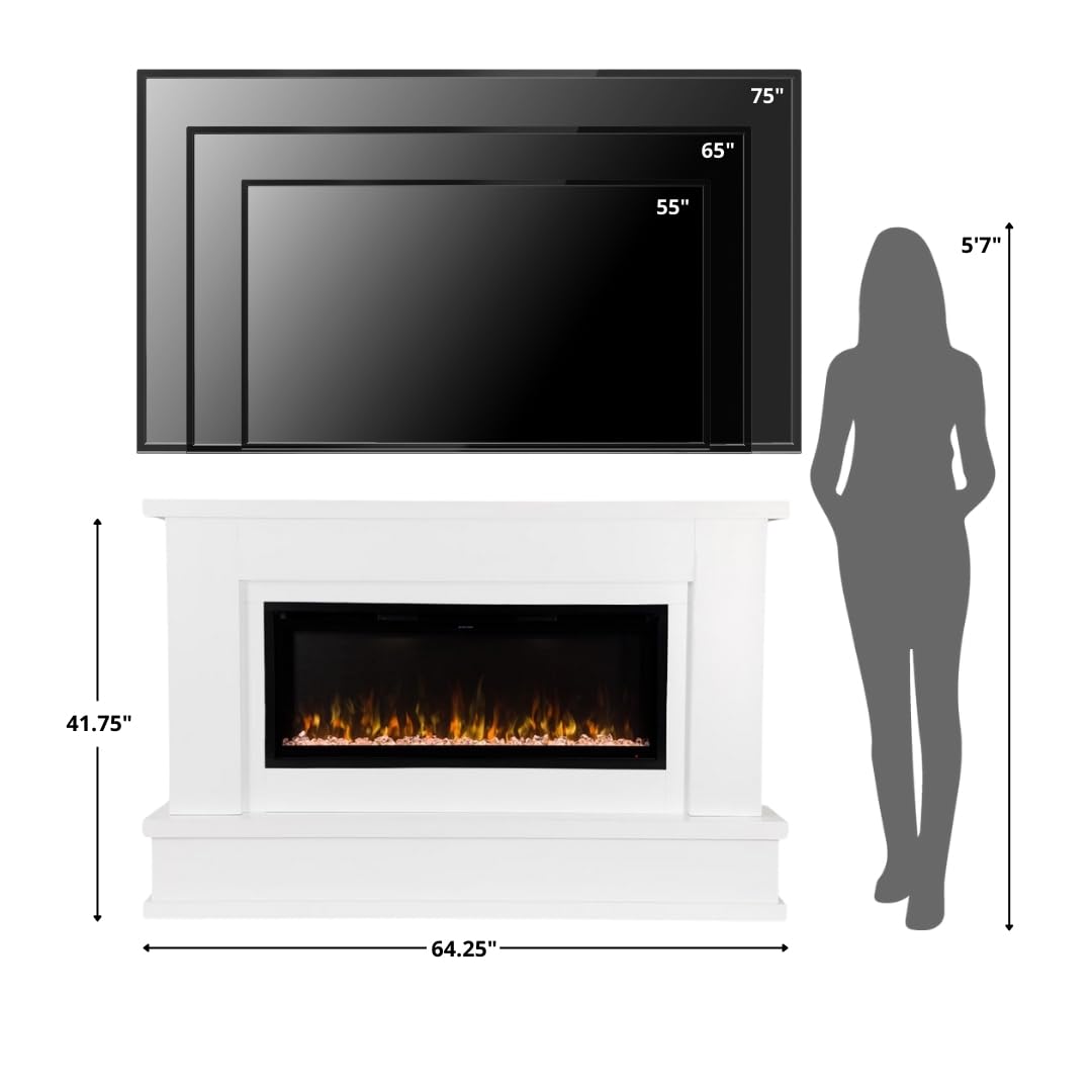 Modern Ember Patton White Mantel Package 64" W x 42" H with 42 Inch Electric Fireplace - 5 Flame Colors, 10 Ember Bed Colors, Log Kit & Crystal Embers | Alexa/WiFi Enabled