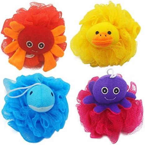 (4 Pack) Lovely Animal Design Kids Exfoliating Bath Scrubber Body Scrubber Shower Ball for Baby Toddler Kids Gentle Exfoliating Bath Sponge Loofah Pouf in Colorful Design