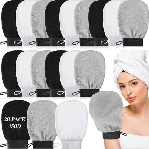 20 Pcs Exfoliating Glove Bulk Summer Exfoliator Mitt Body Scrubber 150d Viscose Fiber Deep Skin Korean Scrub Mitt for Spa Massage Dead Skin Remover for Men and Women(Black, White, Gray)