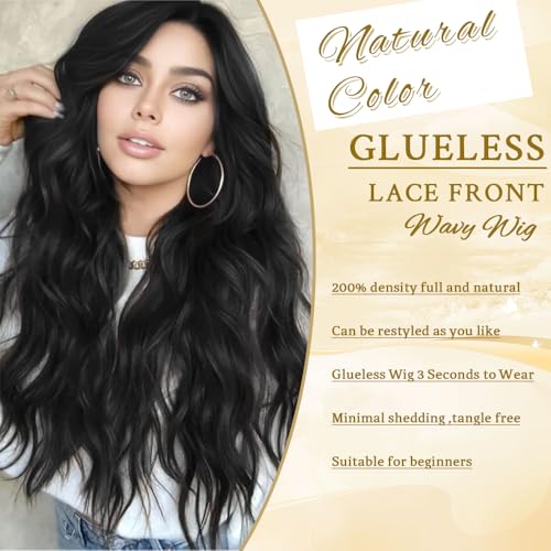 Black Wig for Women 26 Inch Pre Cut Hand-Tied Lace Long Wavy Natural Hairline Middle Part Hair Replacement Wigs for Women Beginners Natural Synthetic Wig for Daily Party 3 Seconds to Wear