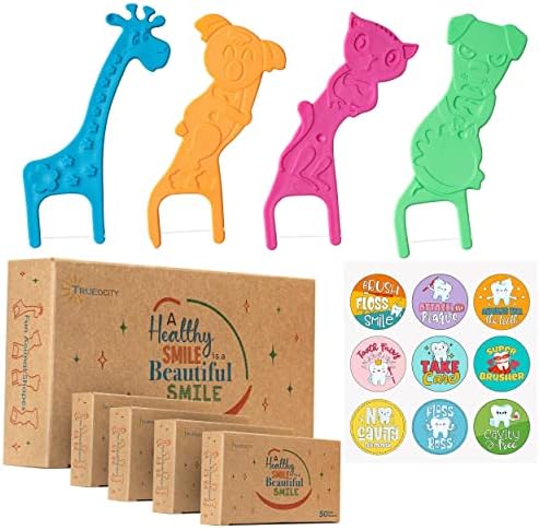 Biodegradable Kids Flossers - 200 Pack, Natural, Fluoride Free, Animal Kids Dental Floss Sticks - Mild Orange